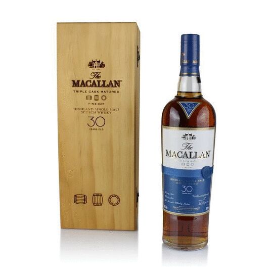 The Macallan Fine Oak 30 Year Old Single Malt Scotch Whisky Wooden Box Blue White Label