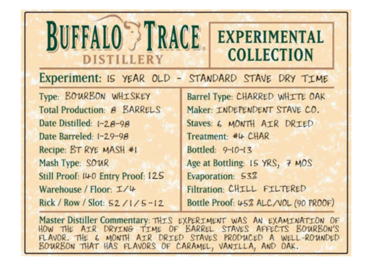 Buffalo Trace Experimental Collection 15 Year Standard Stave Dry Time Bourbon Whiskey
