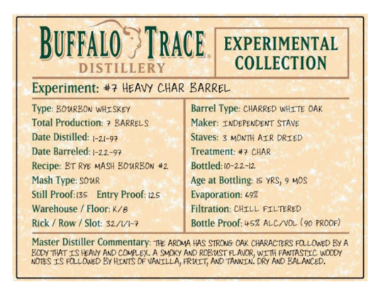 Buffalo Trace Distillery Experimental Collection 7 Heavy Char Barrel 15 Year Old Bourbon Whiskey