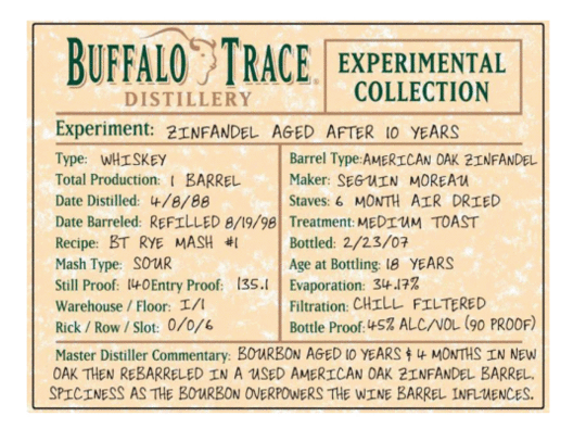 Buffalo Trace Distillery Experimental Collection Zinfandel 10 Year Old Rye Bourbon Whiskey