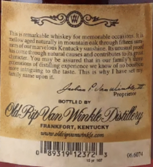 Old Rip Van Winkle 15 Year Old 107 Proof Bourbon (Squat Bottle)