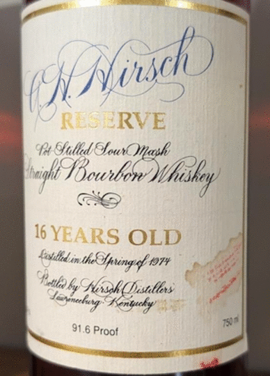 A H Hirsch Reserve 16 Year Old Blue Wax Straight Bourbon Whiskey Stained Label