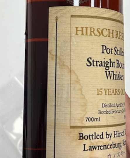 A H Hirsch Reserve 15 Year Old Gold Wax Pot Stilled Straight Bourbon Whiskey Cracked Wax Stained Label