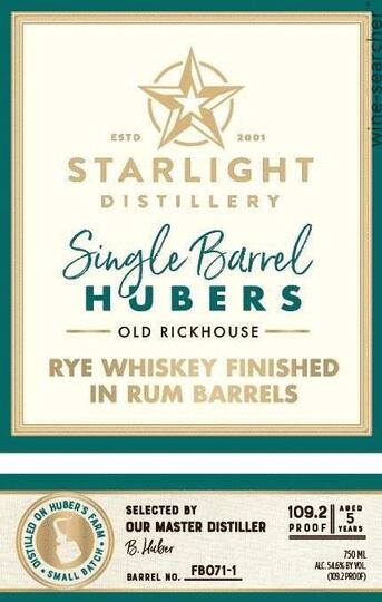Huber Winery Starlight Distillery Single Barrel Hubers Old Rickhouse Rum Barrel Finish Rye Whiskey