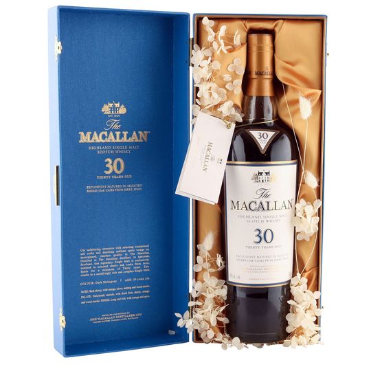 The Macallan 30 Year Old Sherry Oak Single Malt Scotch Whisky White Label Blue Box