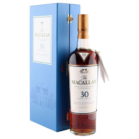 The Macallan 30 Year Old Sherry Oak Single Malt Scotch Whisky White Label Blue Box